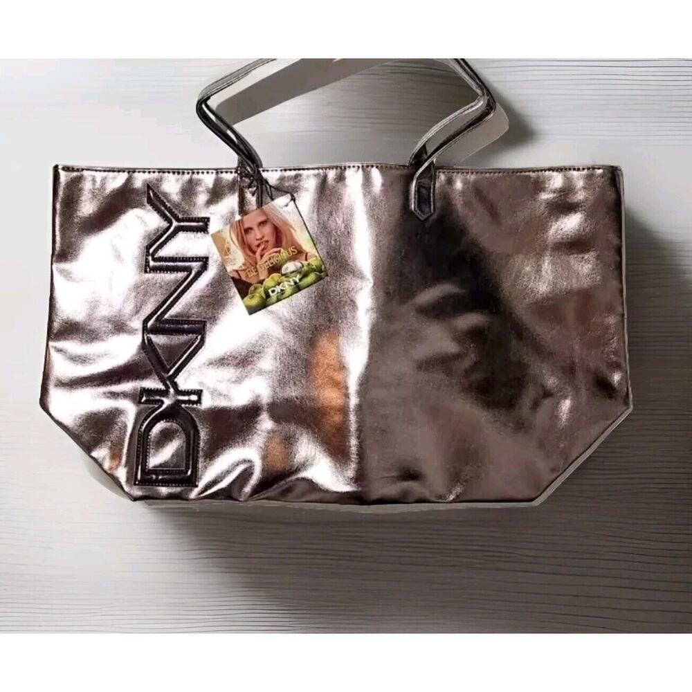 NWT! DKNY Extra Large Metallic Silver Tote Bag Shopper Shiny 22x12